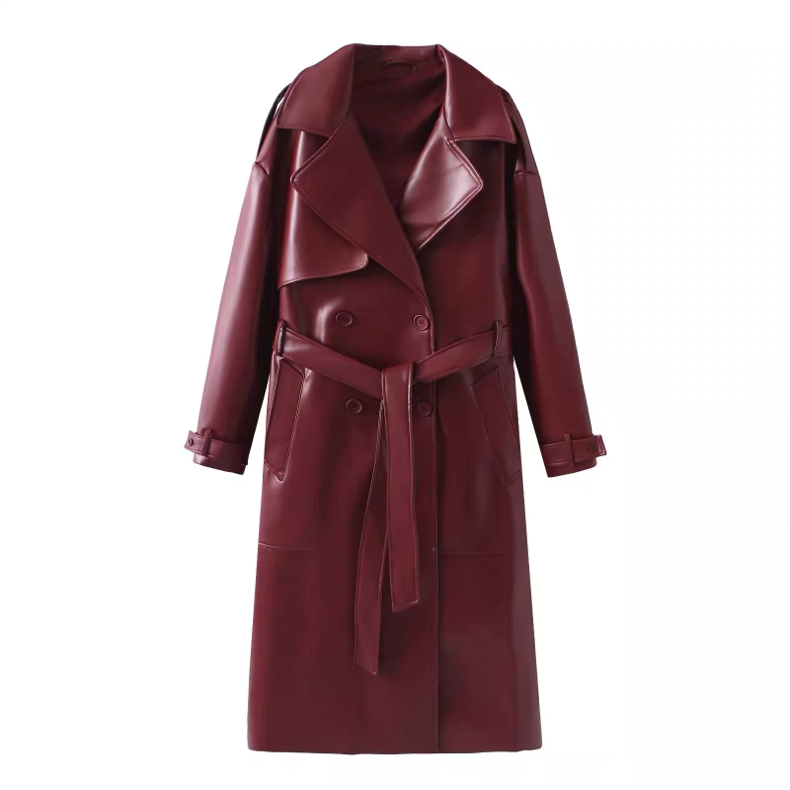 Wine Red Leather Trenchcoat